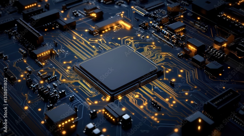 Aufkleber exploring the intricate beauty of a microchip with glowing circuitry in a vibrant technological land