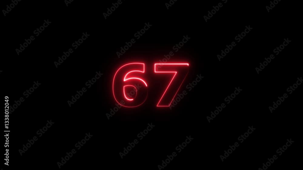 Poster neon text 67 number countdown icon background 4k animation .neon number 67 with alpha channel, neon 
