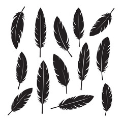 A vector illustration of a pattern of black feather silhouettes arranged in a horizontal layout.
