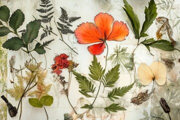 Obraz premium A botanical illustration overlaid with real fossil images, blending science and art