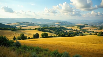 A detailed photo of Maremma in Italy, Europe during mid-day, with partly cloudy skies. The panoramic shot highlights the lush landscapes of this coastal region.
