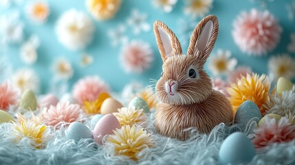 Easter egg in brown craft paper with bunny ears and tail, white cotton background, soft pastel colors, minimal concept, studio lighting, high-resolution photography, insanely detailed