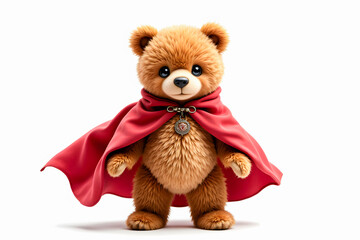 A delightful teddy bear superhero with a red cape, a silver medallion, and a friendly demeanor, ready to offer assistance and protection.