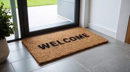 Welcome doormat placed outside house entrance door. Brown natural coir doormat with the word Welcome printed on it, positioned near modern glass entrance door 