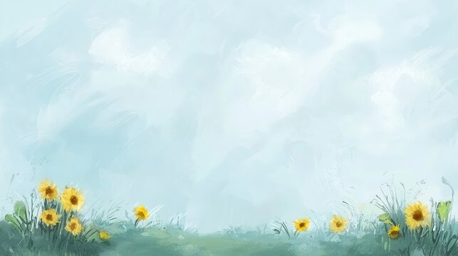 Serene Meadow with Yellow Flowers Under a Pale Sky