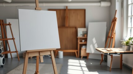 Bright artist studio filled with easels and canvases under natural light