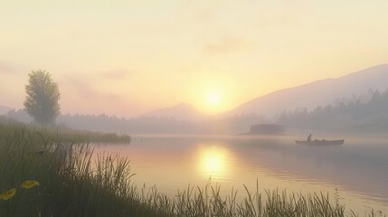 Serene Sunrise Over Calm Lake with Lone Boat
