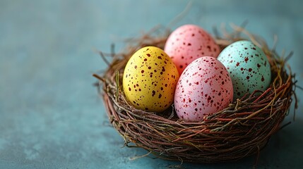 Colorful Easter eggs in a nest on a wooden background with copy space for text, close-up view. Pastel-colored Easter eggs in a bird's nest with feathers, and a white feather over a light blue wood tab