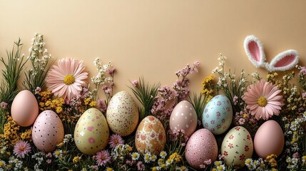 Easter table setting with bunny ears, pastel eggs, and flowers on a beige background. Flat lay, top view with space for text. Stock photo contest winner, high resolution, high detail, colorful