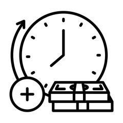 An icon representing overtime pay. Includes a clock, a banknote, and a plus.