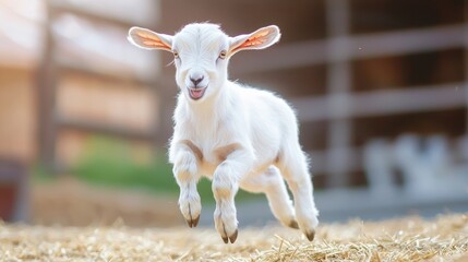 Fototapeta premium A baby goat jumping playfully in a barnyard, its ears flopping, full of energy and cuteness, with copy space.