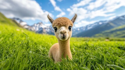 Fototapeta premium A baby alpaca standing in a green field, its big eyes and soft wool making it an adorable sight against the backdrop of the mountains.