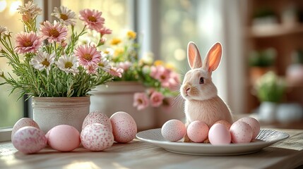 Easter table setting with bunny ears, pastel eggs, and flowers on a beige background. Flat lay, top view with space for text. Stock photo contest winner, high resolution, high detail, colorful