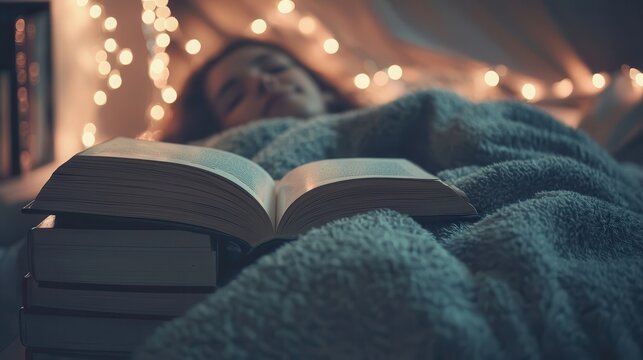 Cozy Nighttime Reading Open Book on Soft Blanket Fairy Lights Background