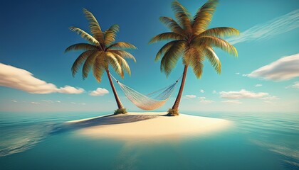 Fototapeta premium Smooth 3D render of a tiny tropical island with two swaying palm trees and a hammock strung between them, surrounded by calm turquoise water, soft lighting, and gentle shadows.