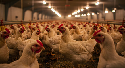 Large Group of White Chickens in Indoor Farming Environment for Poultry