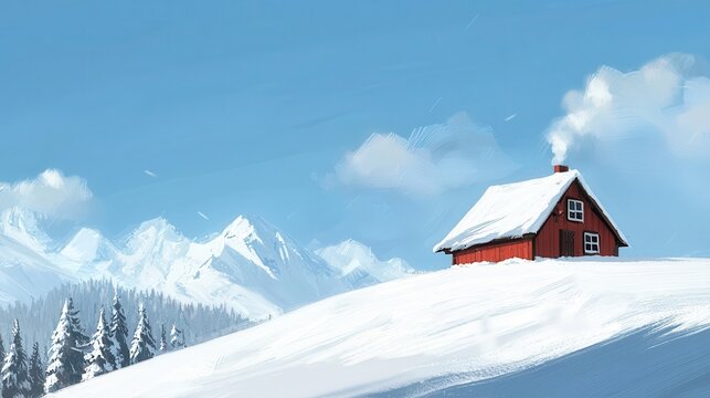 Secluded Red Cabin on Snowy Mountaintop Winter Scene