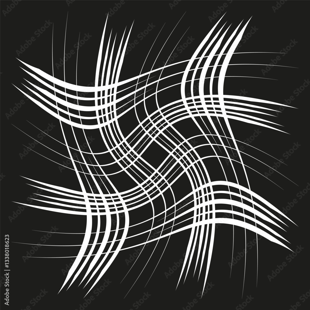 Poster white curved lines. abstract wavy motion. dynamic digital pattern. black background contrast.