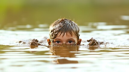 Fototapeta premium A boy emerging from the swamp, covered in mud with just its head and eyes visible above the water, creating a mysterious scene, with copy space.
