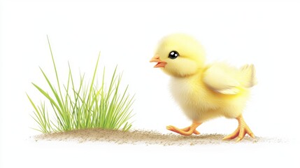 Obraz premium A baby chick clipart, fluffing its tiny yellow feathers and hopping around playfully near a patch of grass.