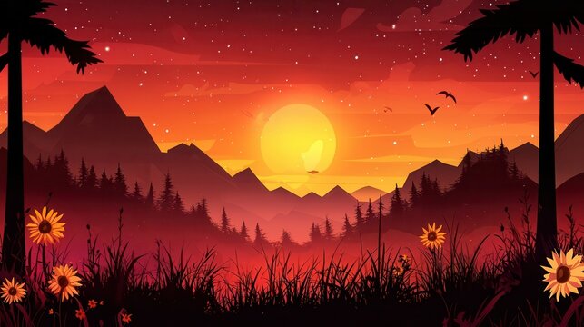 Serene Sunset Landscape Mountains Sun and Wildflowers