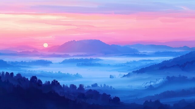 Serene Sunrise Over Misty Mountains and Rolling Hills
