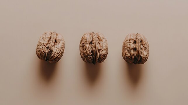 Three Walnuts in a Row on a Neutral Background