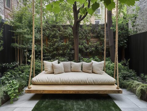 A wooden swing bed hanging amongst lush green foliage outdoors