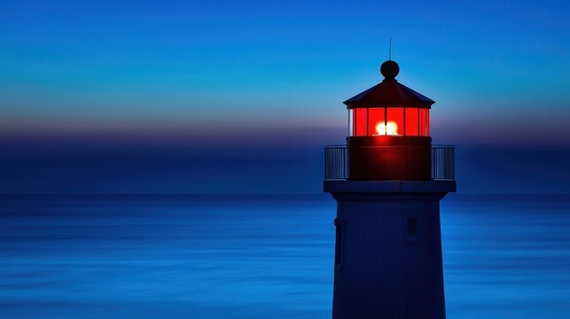Illuminated Lighthouse Tower at Dusk Over Calm Ocean