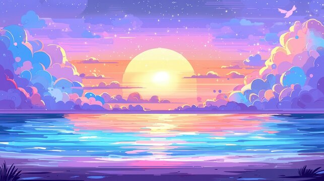 Pastel Sunset over Calm Ocean with Fluffy Clouds