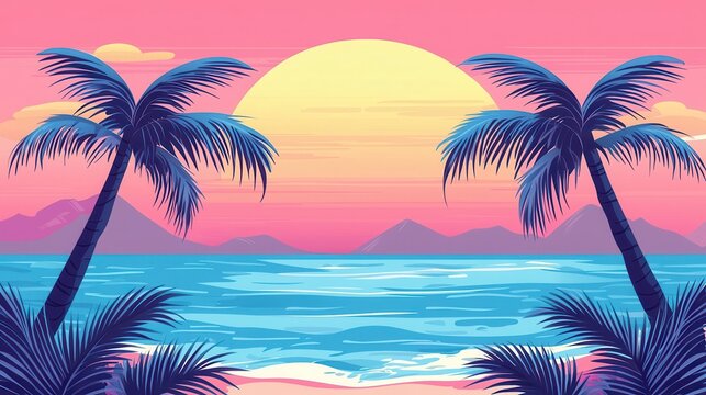 Tranquil Sunset over Ocean with Palm Trees