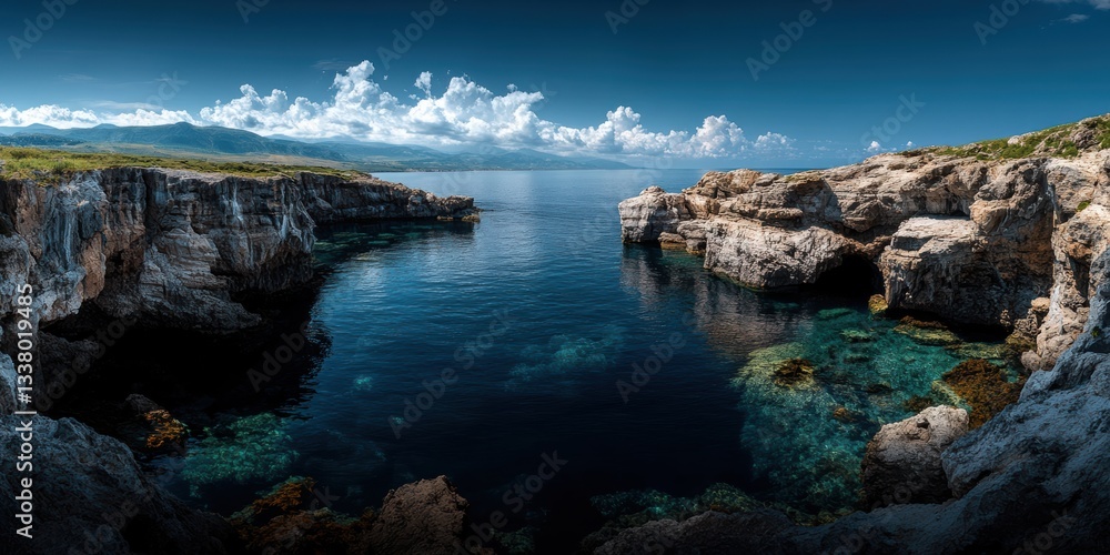 Poster serene shoreline at dusk with rocky cliffs and tranquil waters in a hidden cove generative ai