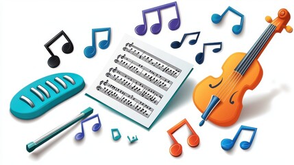 Obraz premium A collection of musical note clipart, including instruments and music sheets, perfect for event posters.