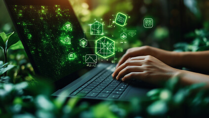 Digital Illustration of a Laptop with Green Environmental Icons and Data Flowing Above, Representing Eco-friendly Innovation and Sustainable Technology