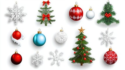 A collection of festive holiday clipart featuring Christmas trees, ornaments, and snowflakes.