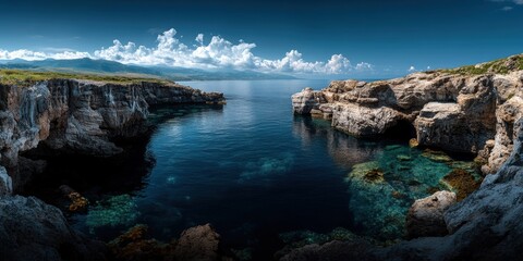Obraz premium Serene Shoreline at Dusk With Rocky Cliffs and Tranquil Waters in a Hidden Cove Generative AI