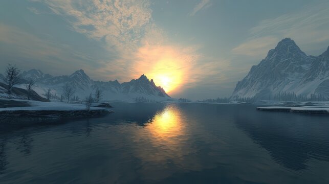 Serene Sunset over Snowy Mountains and Tranquil Lake