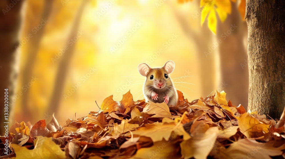 Aufkleber a curious mouse exploring a pile of autumn leaves in a forest setting, with golden sunlight filterin