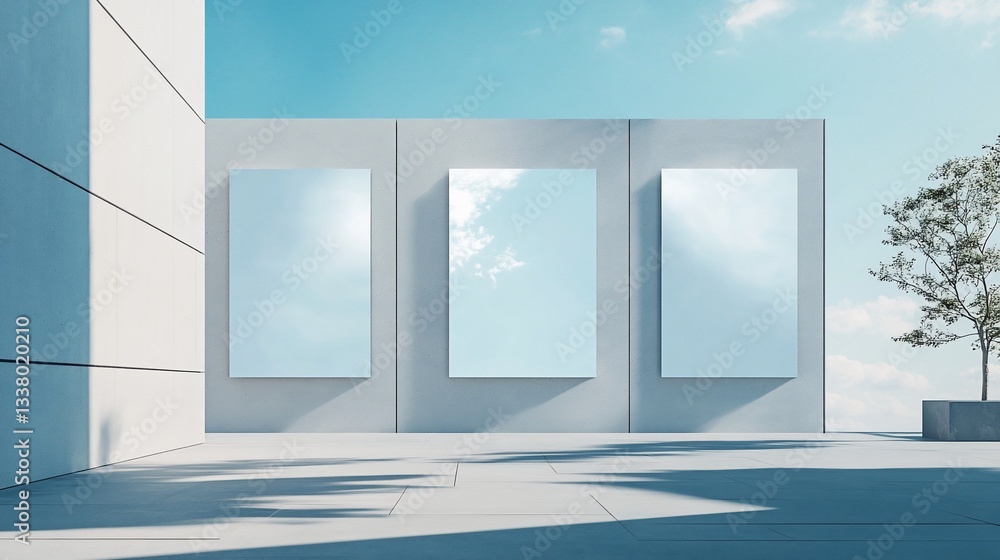 Poster minimalist architecture with sky reflection in frames on concrete wall