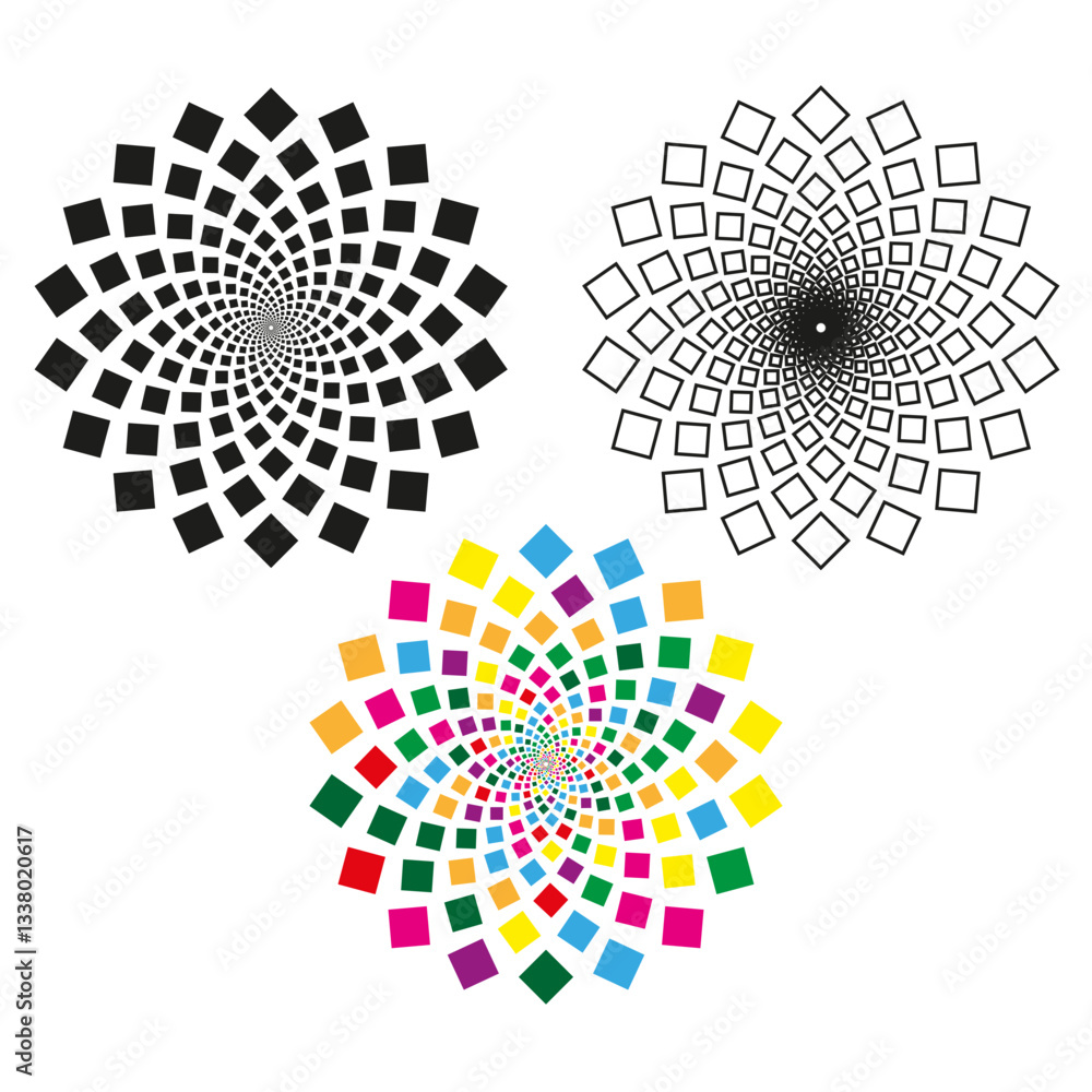 Aufkleber spiral geometric shapes. rotating square pattern. colorful abstract design. vector illusion effect.