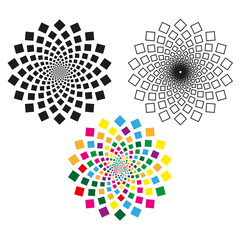 Spiral geometric shapes. Rotating square pattern. Colorful abstract design. Vector illusion effect.