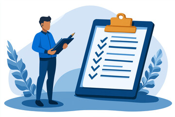 Vector Illustration of a Person Holding a Pen and Checking Items on a Large Checklist, Representing Task Completion and Organization