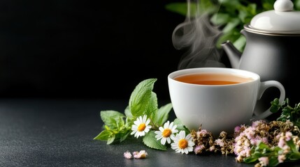 Elegant Tea Setup Featuring Teapot Cup and Fresh Flowers for Relaxation