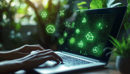 Digital Illustration of a Laptop with Green Environmental Icons and Data Representing Sustainable Technology and Eco-friendly Innovation in a Greenery-filled Setting