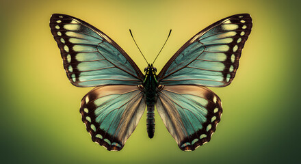 Fototapeta premium Detailed Blue Morpho Butterfly with Open Wings on Green Background