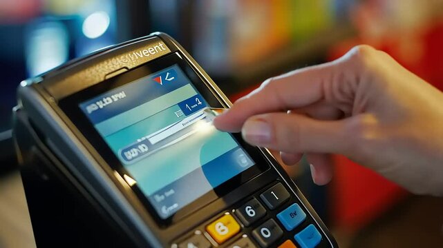 Hand inserting a payment card into a contactless terminal at a busy retail checkout, showcasing technology