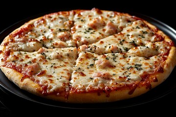 Delicious Four Cheese Pizza with Ham Slices Melted Cheese Italian Food Close up Shot