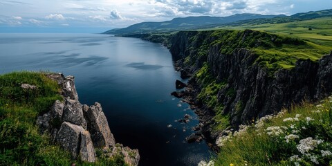 Majestic Cliffs Meet Serene Waters Along the Rugged Coastline During a Stunning Summer Afternoon in the Countryside Generative AI