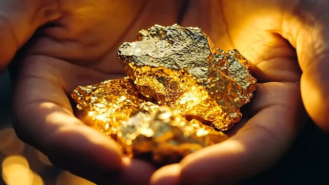 Hands holding shiny gold nuggets with a blurred background of shimmering light, symbolizing wealth