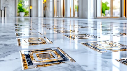 Luxurious Modern Marble Floor with Golden Inlaid Geometric Design Interior Architecture Detail